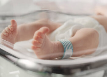 Cute Little Caucasian Newborn Baby Lying in Bassinet in a Maternity Hospital