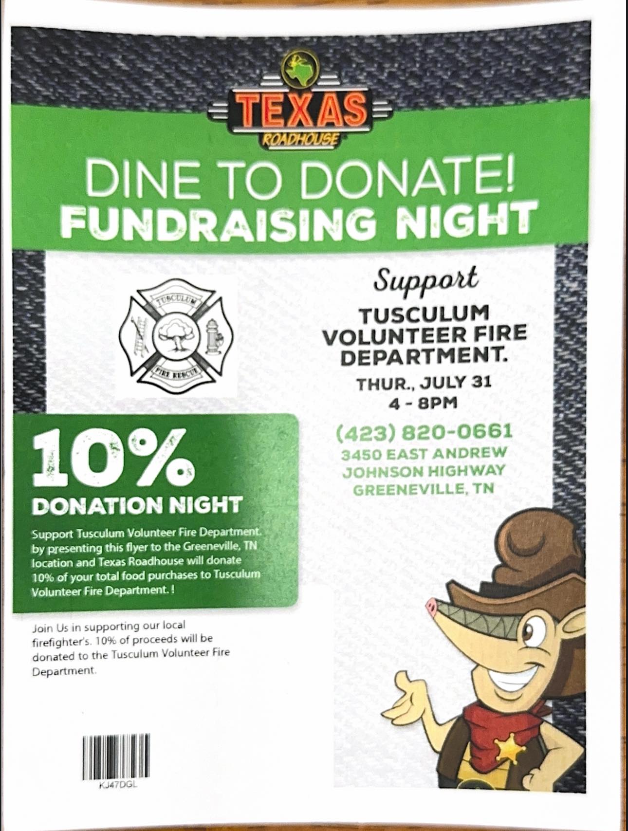 Dine To Donate For The Tusculum Volunteer Fire Department