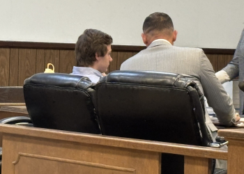 Defense Attorney District Public Defender Todd Estep with Jordan Michael Allen prior to the beginning of day 2 of testimony on Tuesday