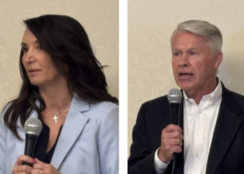 Crystal Jessee and Mark Stapleton addressing the Greene County Republican Women on Friday.