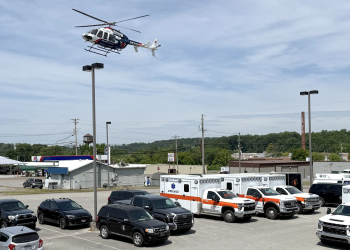 A Highlands Emergency Air Rescue and Transport (HEART) helicopter lands at Greene County-Greeneville EMS on Tuesday. As a part of EMS week, team members from HEART grilled lunch for EMS members.