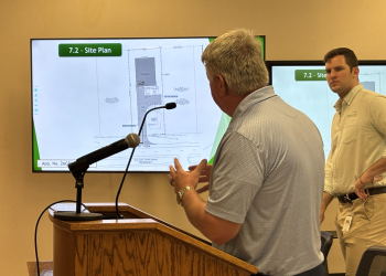 Development Services Director Andy Broyles and Planning Administrator Justin Schooley during discussion of a West Andrew Johnson Highway project on Tuesday.