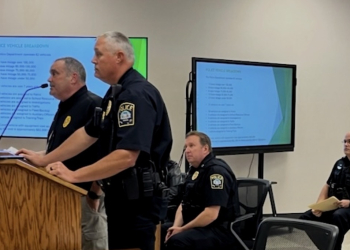 (L-R) Police Chief Steve Spano, and Captains Eddie Key, Kevin Gass and Josh Pierce speak with the City Council during a recent budget workshop.
