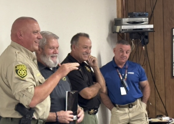 (L-R) Sheriff-elect David Beverly, Lt. Jeff Caudill, Sheriff Wesley Holt and County Mayor Kevin Morrison enjoying the Tuesday reception.