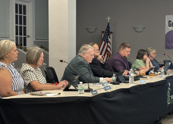 Steve Starnes, fourth from the left,  taking part in his final meeting as Director of Schools Tuesday.