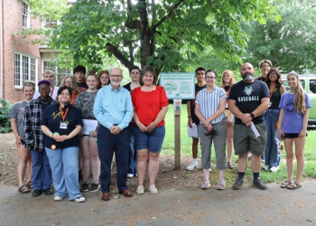 Tusculum administrators and faculty are joined by students in the Upward Bound and Upward Bound Math and Science Summer Academy to celebrate the recertification.