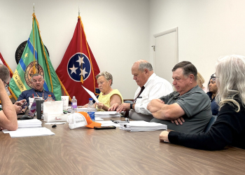 Greene County Mayor Kevin Morrison, center, speaks to Greeneville/Greene County Library Director Erin Evans during Tuesday morning's budget and finance meeting. The library has a leaky roof that needs to be addressed according to Evans and Morrison.
