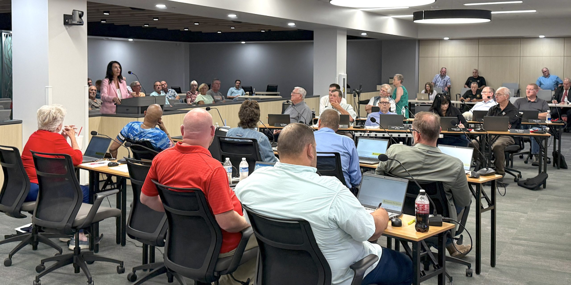 Local lawyer Crystal Jessee speaks to the Greene County Commission about Vulcan Materials' now-pulled rezoning request on Monday night. Jessee asked the commission to be proactive in preventing the mining operation's expansion.