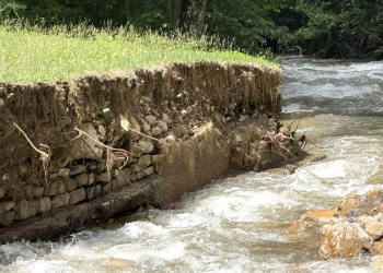 Flooding caused by Hurricane Helene scoured the banks of Horse Creek in Horse Creek Recreation Area in 2024, which left exposed twisted rebar. The U.S. Forest Service is planning a repair project for the recreation area and other flood-damaged areas in the Cherokee National Forest.