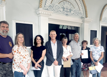 A pledge campaign has been launched to restore the Roby Auditorium. Pictured are members of the Roby Auditorium Partnership Council standing outside the Roby Auditorium's  box office. Left to right are: Frank Mengel, Paige Mengel, Lori Ann Sparks, Dr. Matt Hensley, Debbie and Carl Close, Carla Bewley, and Cindy Sams. 
RAPC Members in attendance but not pictured: Nicole Rader, Dave Wright, Heather McDougal, Marilyn and Wes duBrisk, Laraine and Kidwell King.