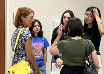 Art teacher Rachel Redmon with students Shilo Wong, Heather Conner, Alexis Marante and Makenzie Vincent following the City Council meeting Tuesday.