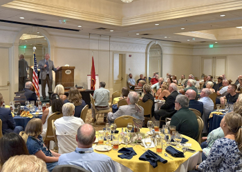 Former USS Greeneville sailors and their families packed the ballroom at the General Morgan Inn for a celebratory banquet on Friday night. Scott Waddle, a former commander of the submarine, spoke at the event in addition to a few other sailors.