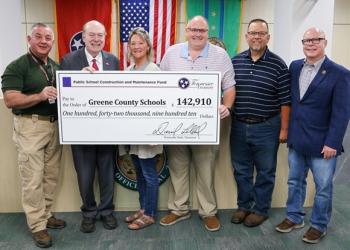 L to R: Greene County Mayor Kevin Morrison; State Treasurer David H. Lillard Jr.; Kayla Crawford, Greene County Schools Finance Director; Dr. Chris Malone, Greene County Director of Schools; Rick Tipton, Chairman of Greene County Board of Education; and State Representative David Hawk.