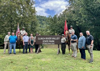 Local and state officials, including Tennessee Finance and Administration Commissioner Jim Bryson, Sen. Jessie Seal, R-New Tazewell, Rep. Gary Hicks, R-Rogersville, Tennessee State Parks leadership, park rangers and partners dedicate Clinch River Valley State Park on August 21, along the banks of the Clinch River in Hancock County. The new park is the 67th in the Tennessee State Parks system.