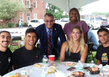 Tusculum University President Dr. Scott Hummel was busy welcoming students to campus on Thursday.