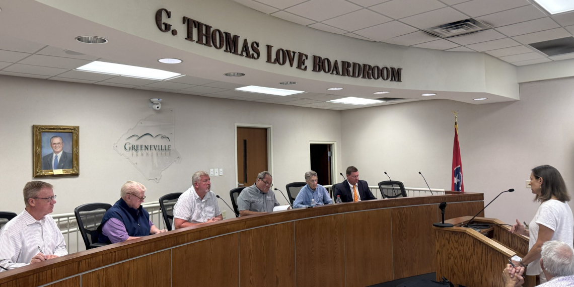 Greeneville Airport Manager Angela Alley, right, discusses the airport's long range capital improvement plan with the Airport Authority Board during a recent meeting.