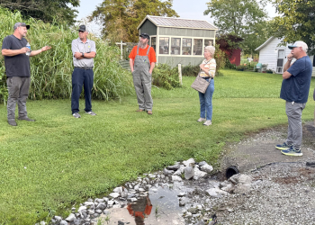 Members of the Baileyton Board of Mayor and Aldermen, at left, along with Town Hall adjacent property owners, at right, discuss the property boundary between Baileyton Town Hall and the neighboring property on Tuesday. It appears a portion of Town Hall's parking area is over the property line according to available information.