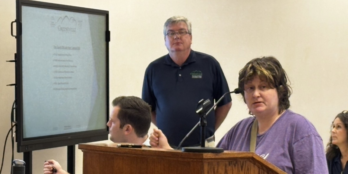 Nancy Laughlin (at podium) addresses the Health and Sanitation Board.  Pictured behind her are Town Planning Administrator Justin Schooley, Building Official Bert Seay and Permit Specialist Page Norton