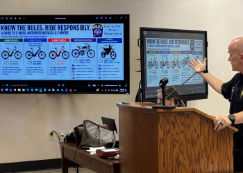 GPD Chief explaining the guide to E-Bikes to the City Council Tuesday.