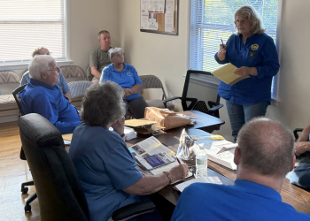 Bonnie Hartman of the Mt. Pleasant Ruritan Club and Ruritan National, second from right, speaks during a meeting about starting a Tusculum Ruritan Club on Tuesday night.