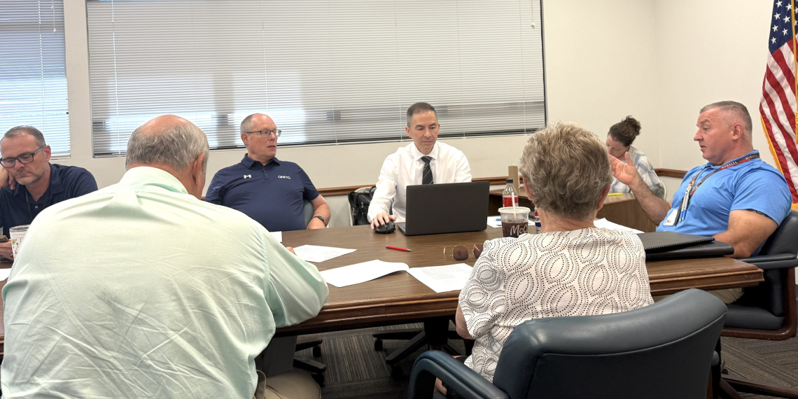 Greene County Mayor Kevin Morrison, at right, discusses issues with the Greeneville/Greene County Public Library's roof during Wednesday's Budget and Finance Committee meeting.