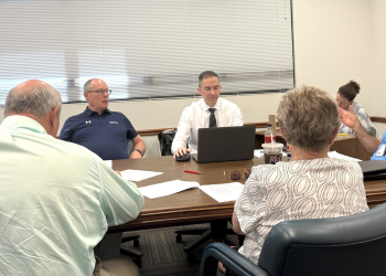 Greene County Mayor Kevin Morrison, at right, discusses issues with the Greeneville/Greene County Public Library's roof during Wednesday's Budget and Finance Committee meeting.
