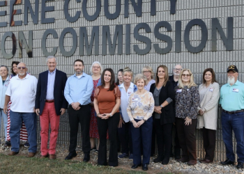 Tennessee Secretary of State Tre Hargett stands next to Greene County Administrator of Elections Justin Reaves and local Election Commission Chairman Charles Johnson along with other election officials and poll workers Tuesday. (Photo from Ben Hill - Director of Communications - Secretary of State