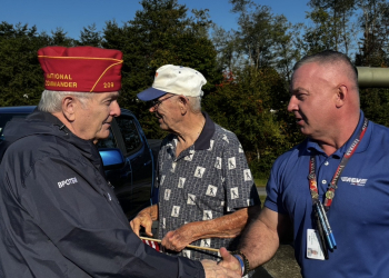 Greene County Mayor Kevin Morrison greets National Commander Jay Bowen to Greeneville (Radio Greeneville News photo)