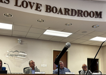 Development Services Director Andy Broyles addresses the City Council Tuesday.  (L-R) Interim City Manager Cathy Osborne, Mayor Cal Doty and City Council members Flint Carter and Angelo Botta.
