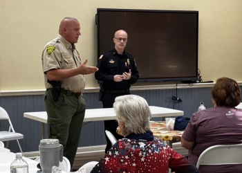 Sheriff David Beverly and Police Chief Josh Pierce address Roby members Thursday.