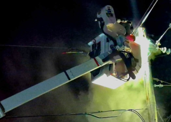 This power pole caught fire Saturday night and disrupted service for about 90 minutes (photo from Tusculum VFD Facebook page)